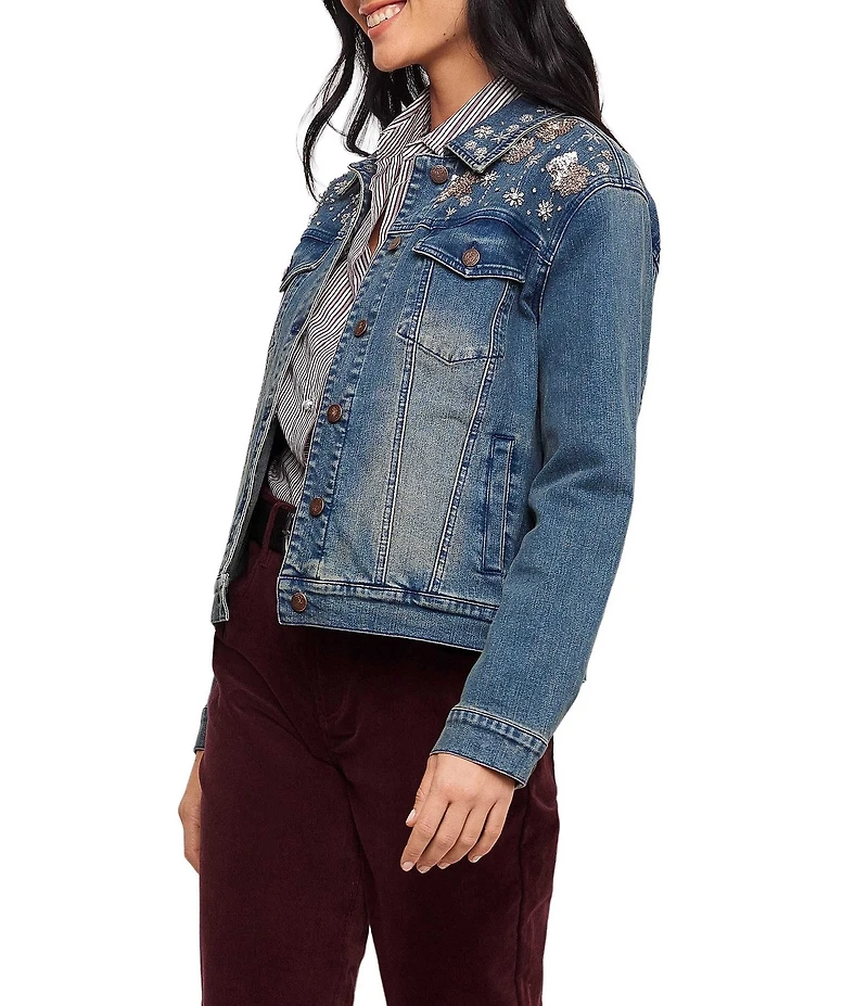 Karen Kane Embellished Denim Point Collar Long Sleeve Jacket