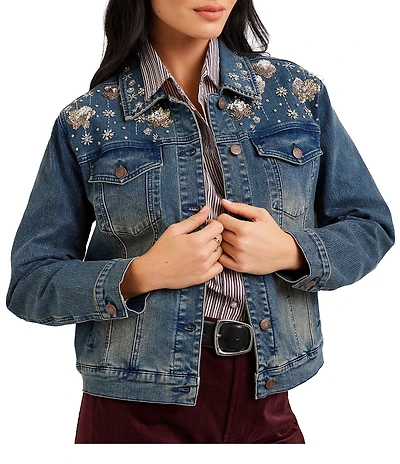 Karen Kane Embellished Denim Point Collar Long Sleeve Jacket