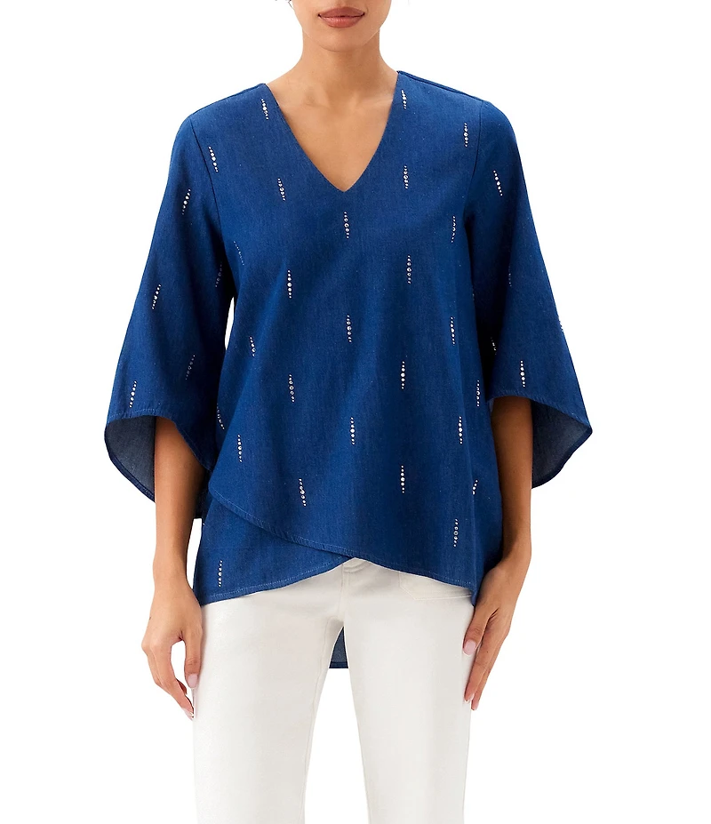 Karen Kane Embellished Denim V-Neck Flare Sleeve Asymmetric Top