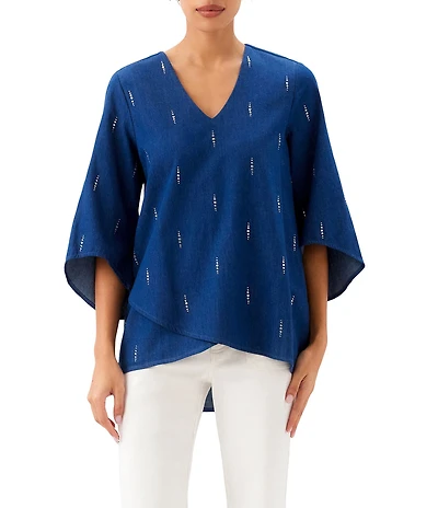 Karen Kane Embellished Denim V-Neck Flare Sleeve Asymmetric Top
