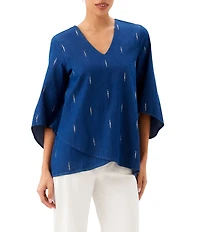 Karen Kane Embellished Denim V-Neck Flare Sleeve Asymmetric Top