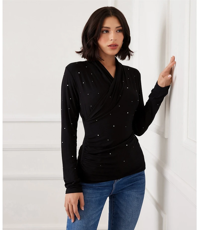 Karen Kane Embellished Jersey Long Sleeve Drape Front Crossover Top