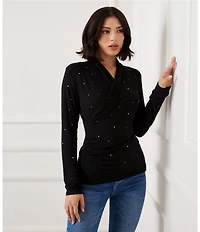 Karen Kane Embellished Jersey Long Sleeve Drape Front Crossover Top