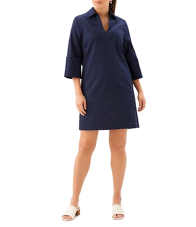 Karen Kane Embellished Stretch Twill Collared Split Neck 3/4 Sleeve Shift Dress