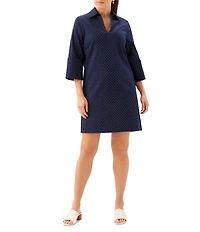 Karen Kane Embellished Stretch Twill Collared Split Neck 3/4 Sleeve Shift Dress