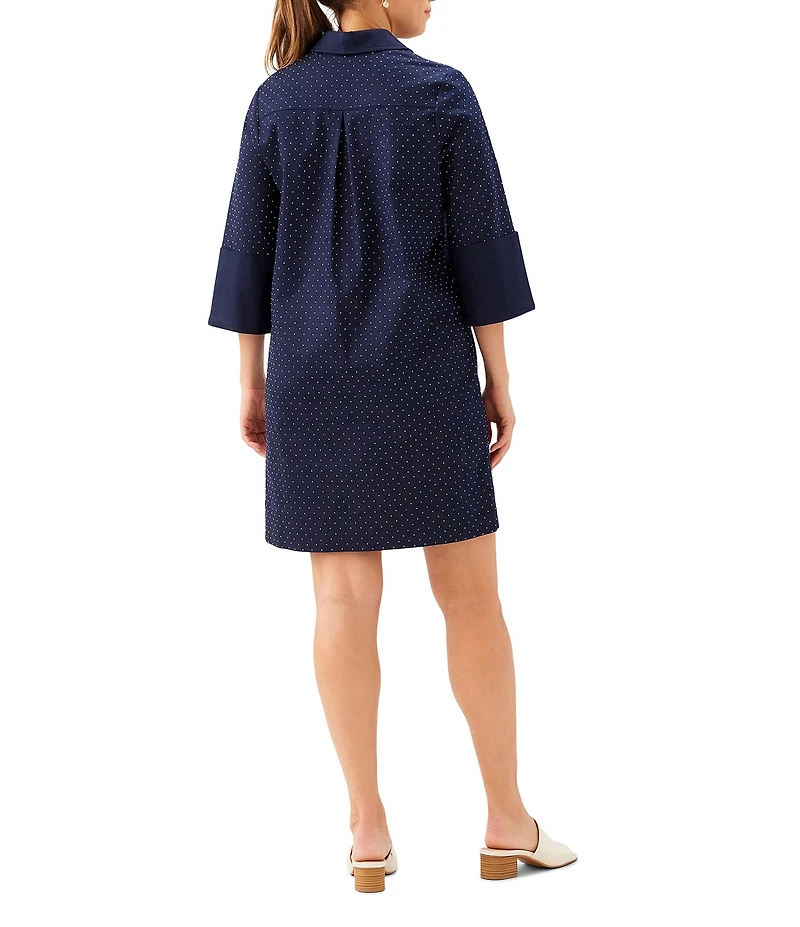 Karen Kane Embellished Stretch Twill Collared Split Neck 3/4 Sleeve Shift Dress