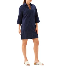 Karen Kane Embellished Stretch Twill Collared Split Neck 3/4 Sleeve Shift Dress
