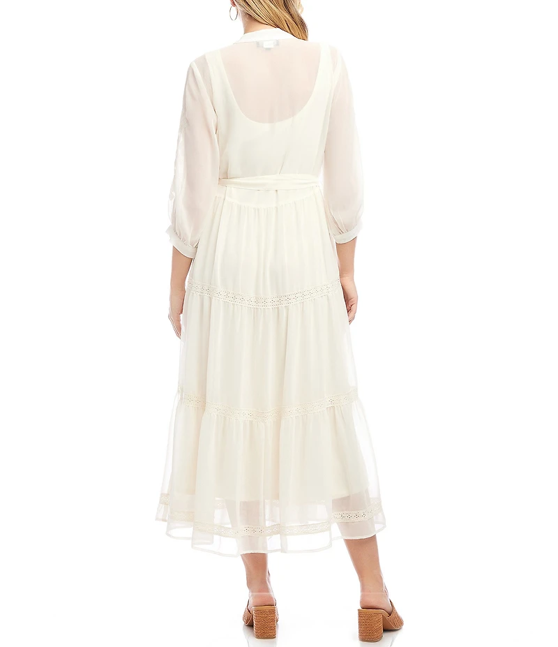Karen Kane Embroidered Crew Neck 3/4 Bishop Cuffed Sleeve Belted Tiered Midi Shirtdress