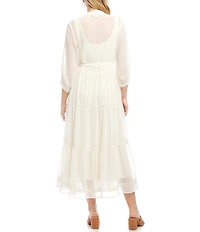 Karen Kane Embroidered Crew Neck 3/4 Bishop Cuffed Sleeve Belted Tiered Midi Shirtdress