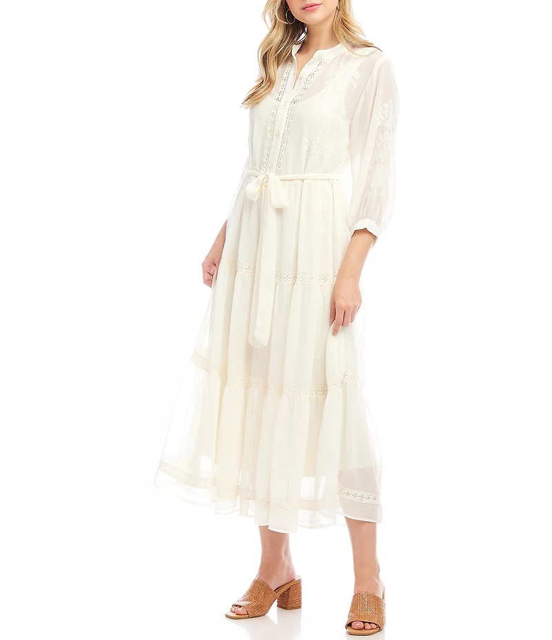 Karen Kane Embroidered Crew Neck 3/4 Bishop Cuffed Sleeve Belted Tiered Midi Shirtdress