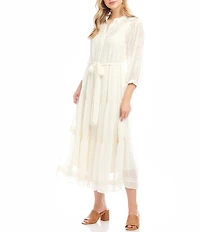 Karen Kane Embroidered Crew Neck 3/4 Bishop Cuffed Sleeve Belted Tiered Midi Shirtdress
