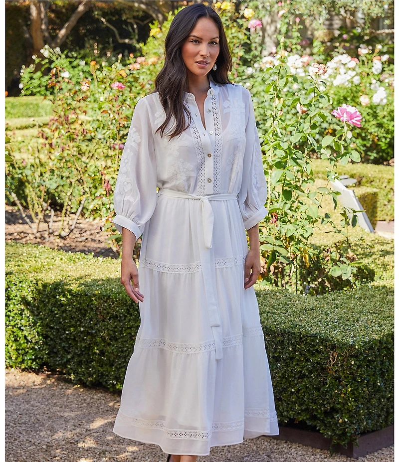Karen Kane Embroidered Crew Neck 3/4 Bishop Cuffed Sleeve Belted Tiered Midi Shirtdress