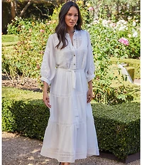 Karen Kane Embroidered Crew Neck 3/4 Bishop Cuffed Sleeve Belted Tiered Midi Shirtdress