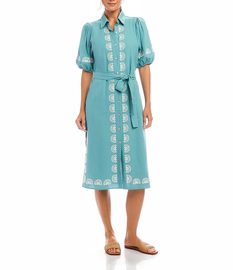 Karen Kane Embroidered Button Front Midi Shirt Dress