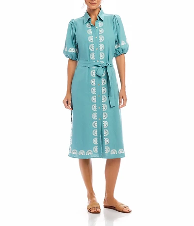 Karen Kane Embroidered Button Front Midi Shirt Dress