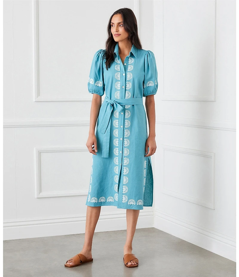 Karen Kane Embroidered Button Front Midi Shirt Dress