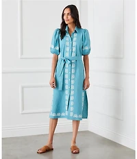 Karen Kane Embroidered Button Front Midi Shirt Dress