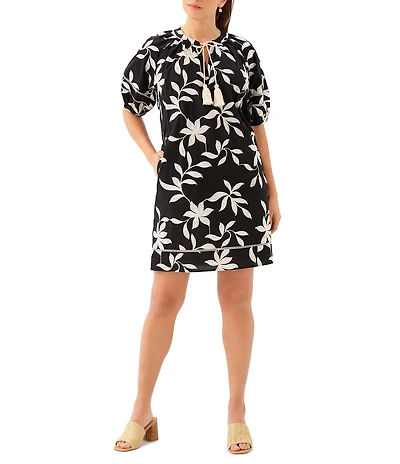 Karen Kane Embroidered Challis Split V-Neck Tassel Tie Short Puff Sleeve Sheath Dress