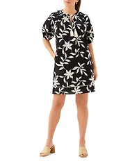 Karen Kane Embroidered Challis Split V-Neck Tassel Tie Short Puff Sleeve Sheath Dress