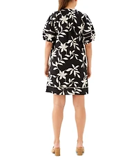 Karen Kane Embroidered Challis Split V-Neck Tassel Tie Short Puff Sleeve Sheath Dress