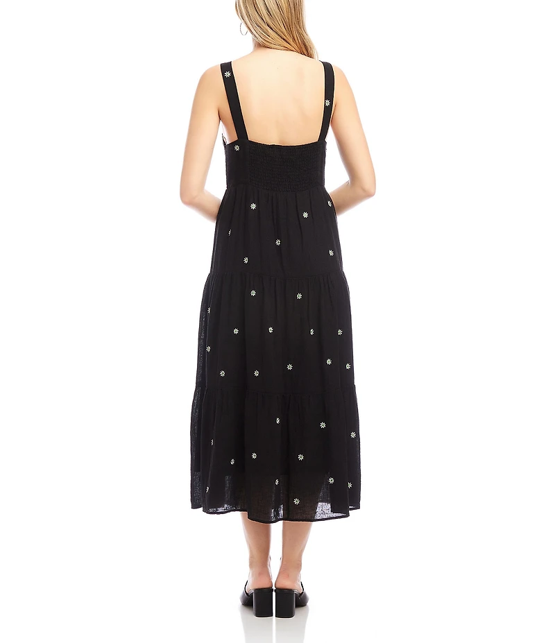 Karen Kane Embroidered Linen Blend V-Neck Sleeveless Midi Tiered Dress