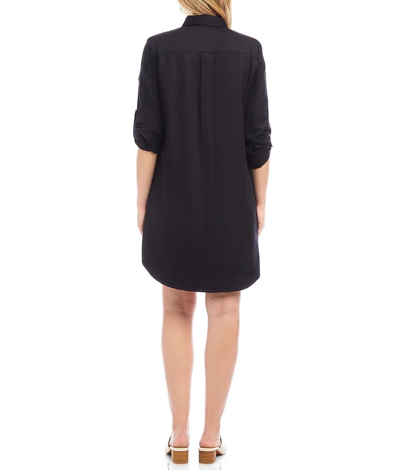 Karen Kane Embroidered Point Collar 3/4 Roll-Tab Sleeve Button Front Shirtdress