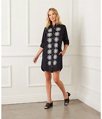 Karen Kane Embroidered Point Collar 3/4 Roll-Tab Sleeve Button Front Shirtdress