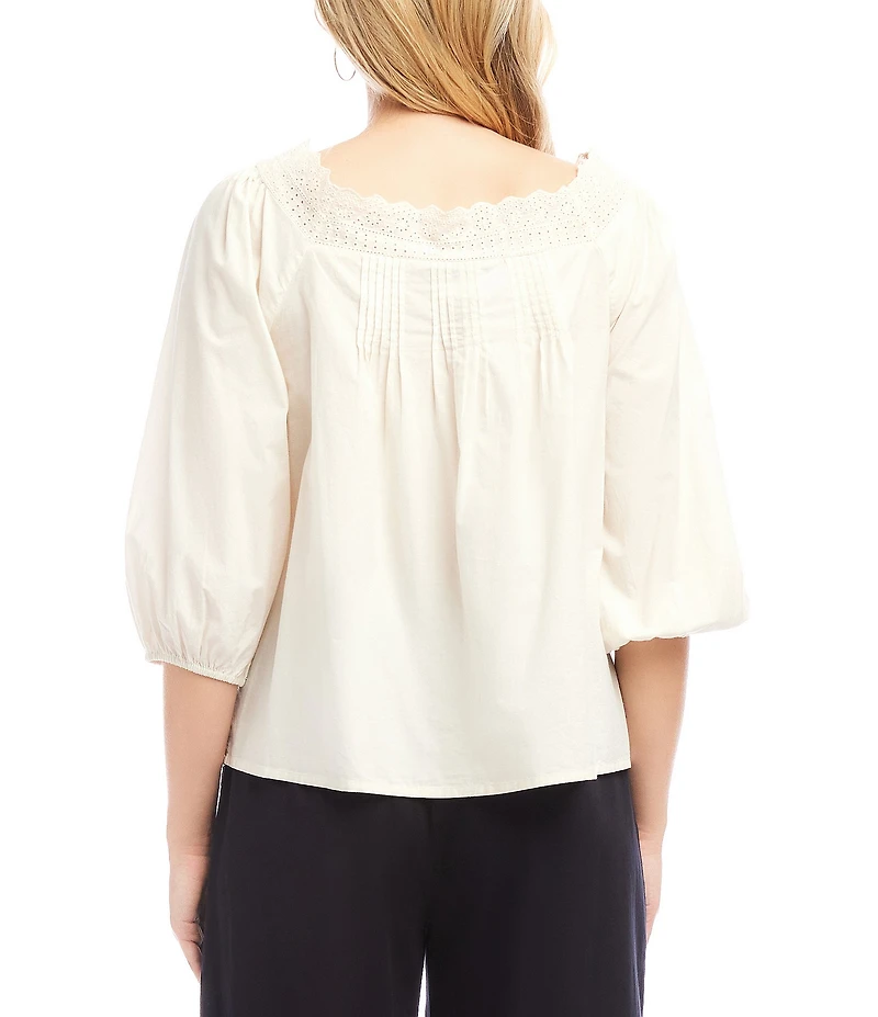 Karen Kane Embroidered Scalloped Square Neck 3/4 Sleeve Button-Front Blouse