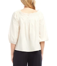 Karen Kane Embroidered Scalloped Square Neck 3/4 Sleeve Button-Front Blouse