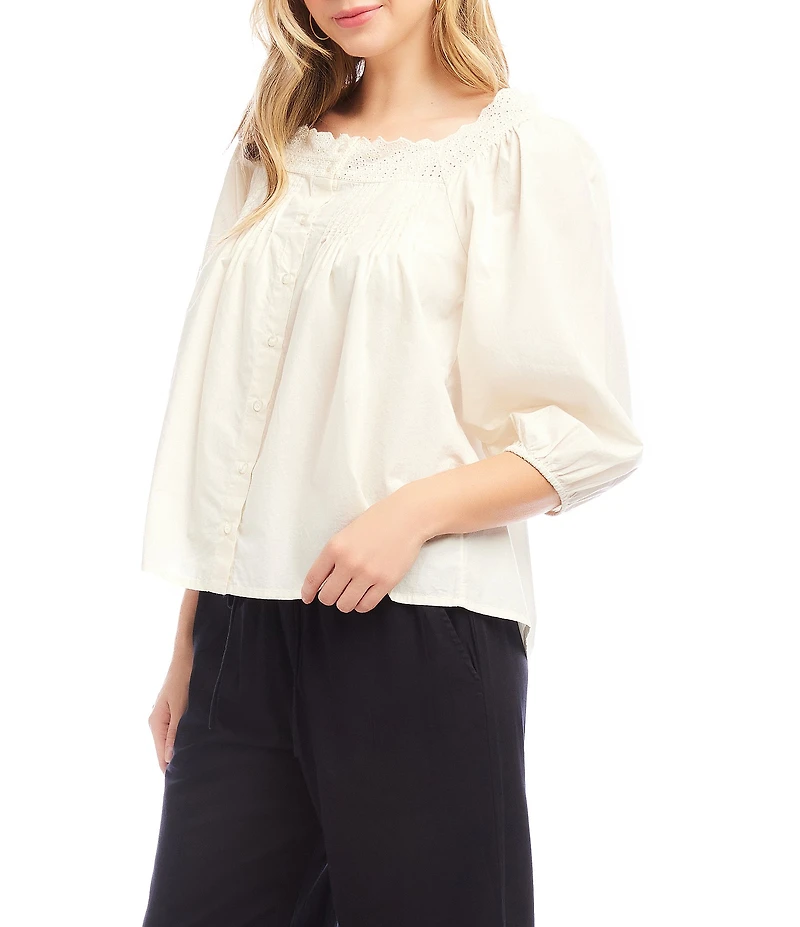 Karen Kane Embroidered Scalloped Square Neck 3/4 Sleeve Button-Front Blouse