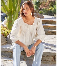 Karen Kane Embroidered Scalloped Square Neck 3/4 Sleeve Button-Front Blouse