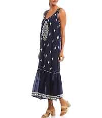 Karen Kane Embroidered Scoop Neck Sleeveless Midi Dress