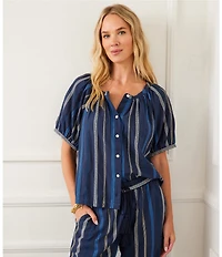 Karen Kane Embroidered Short Puff Sleeve Button Front Coordinating Top