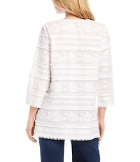 Karen Kane Embroidered Split Neck 3/4 Bell Sleeve Tassel Hem Tunic