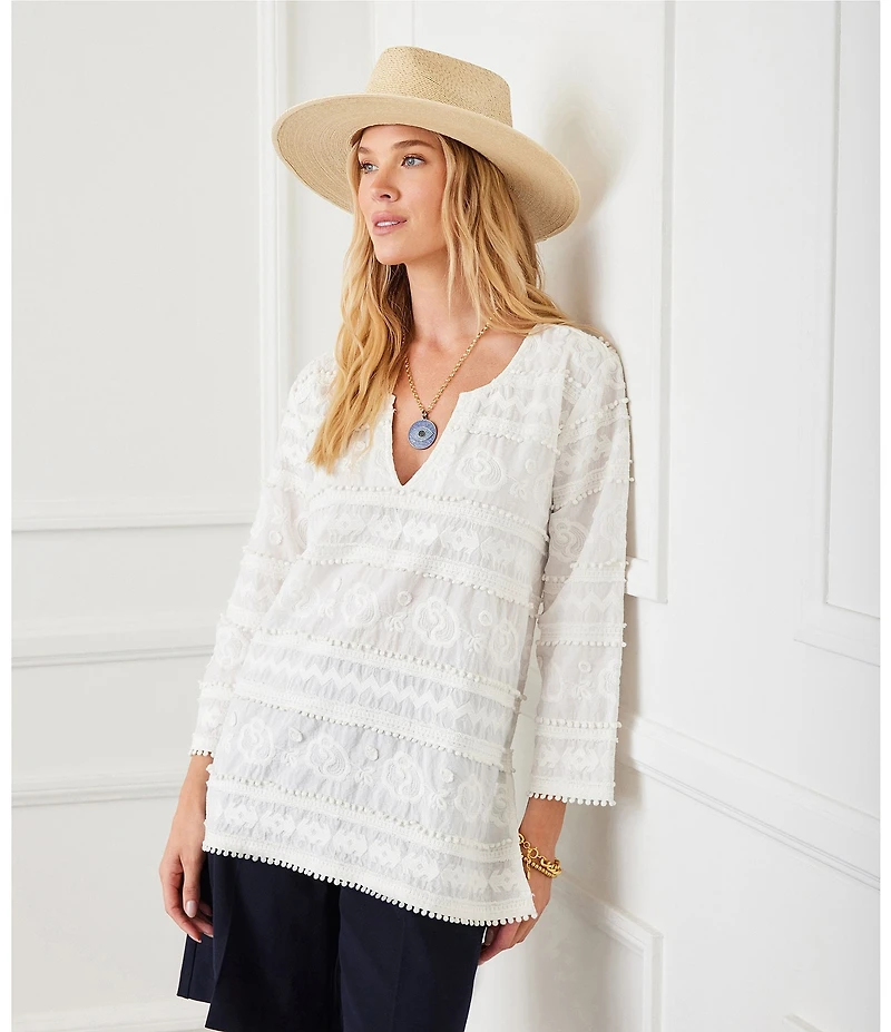 Karen Kane Embroidered Split Neck 3/4 Bell Sleeve Tassel Hem Tunic