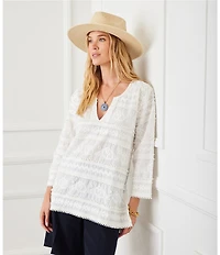 Karen Kane Embroidered Split Neck 3/4 Bell Sleeve Tassel Hem Tunic