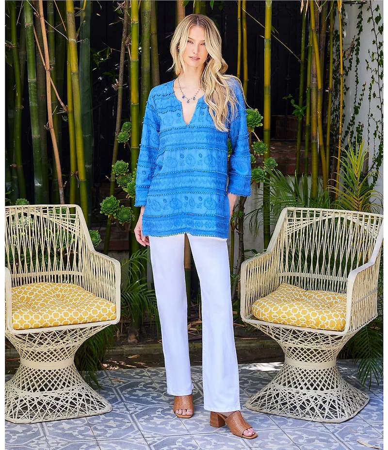 Karen Kane Embroidered Split-Neck 3/4 Flare Sleeve Tunic