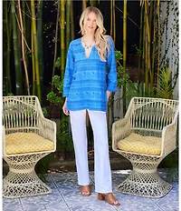 Karen Kane Embroidered Split-Neck 3/4 Flare Sleeve Tunic