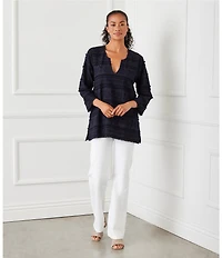 Karen Kane Embroidered Split-Neck 3/4 Flare Sleeve Tunic