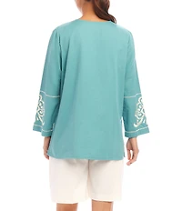 Karen Kane Embroidered Split V-Neck 3/4 Sleeve Tunic