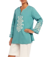 Karen Kane Embroidered Split V-Neck 3/4 Sleeve Tunic