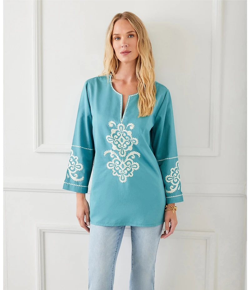 Karen Kane Embroidered Split V-Neck 3/4 Sleeve Tunic