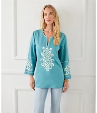 Karen Kane Embroidered Split V-Neck 3/4 Sleeve Tunic