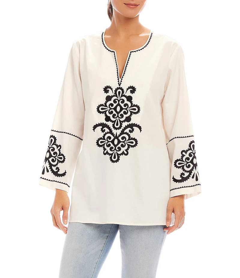 Karen Kane Embroidered Split V-Neck 3/4 Sleeve Tunic