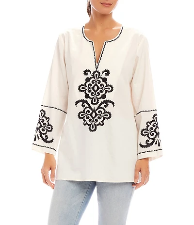 Karen Kane Embroidered Split V-Neck 3/4 Sleeve Tunic
