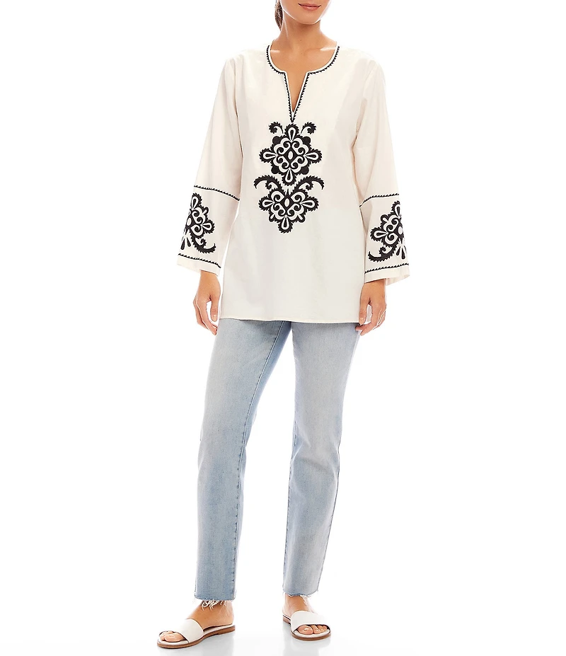 Karen Kane Embroidered Split V-Neck 3/4 Sleeve Tunic