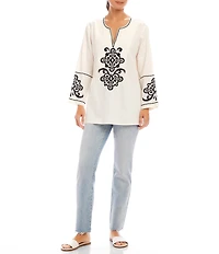 Karen Kane Embroidered Split V-Neck 3/4 Sleeve Tunic