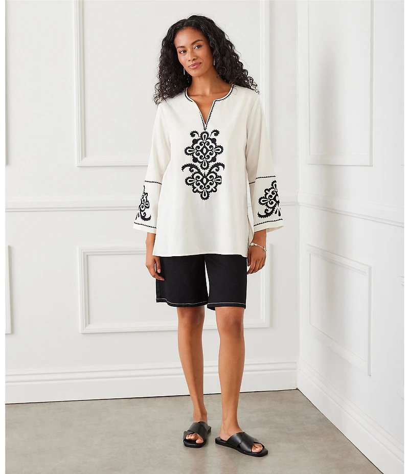 Karen Kane Embroidered Split V-Neck 3/4 Sleeve Tunic