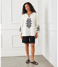 Karen Kane Embroidered Split V-Neck 3/4 Sleeve Tunic