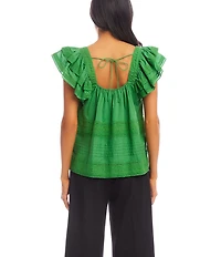 Karen Kane Embroidered Square Neck Short Ruffle Sleeve Blouse